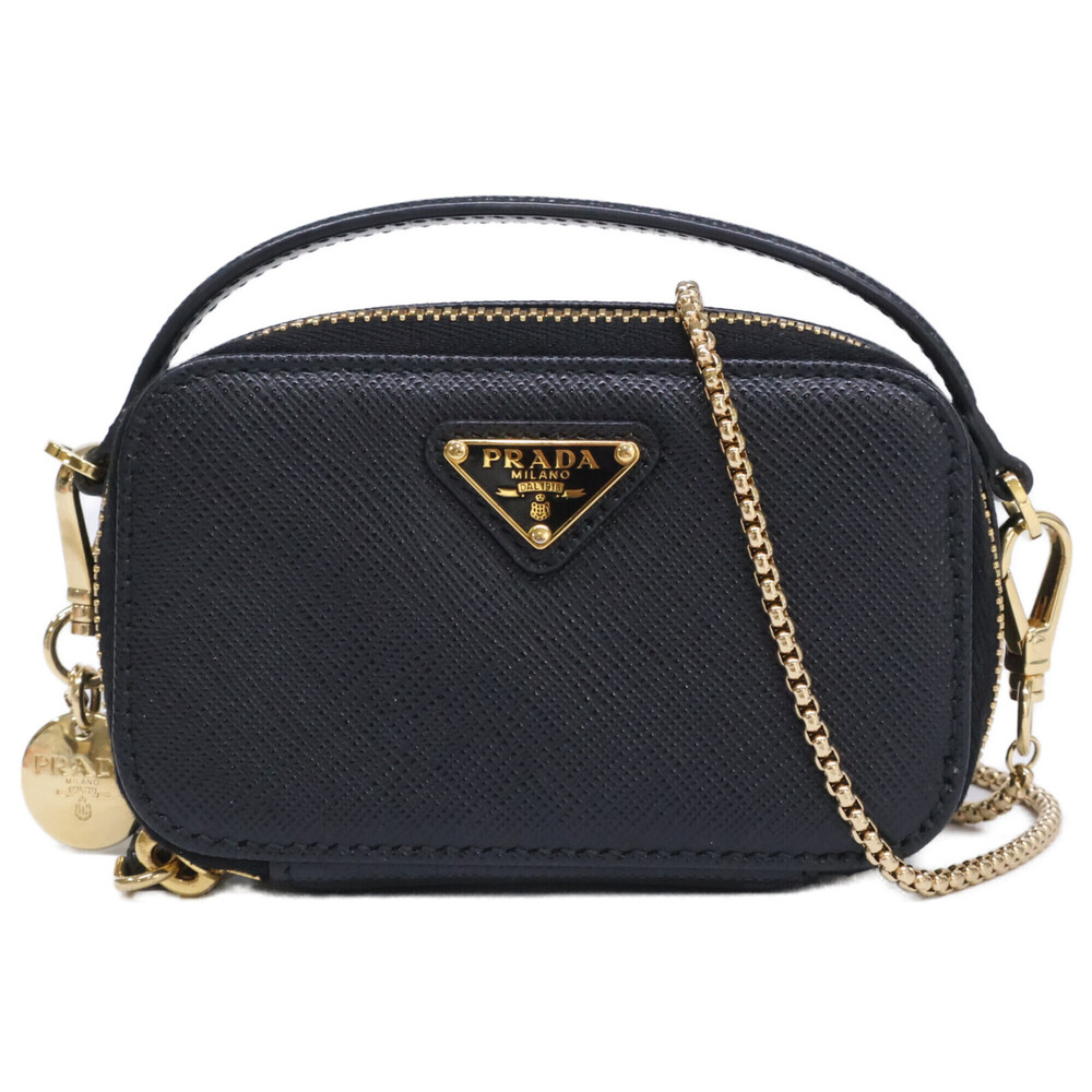 PRADA 1NR025 Saffiano Chain Shoulder Mini Pouch Bag Black Gold Hardware Women's